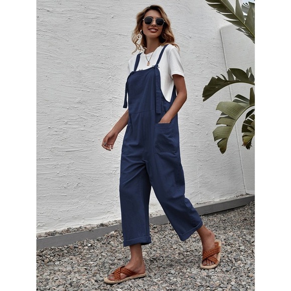 Suspender Style Overalls Wide Leg Jumpsuit with pockets boho olive green - Picture 9 of 11